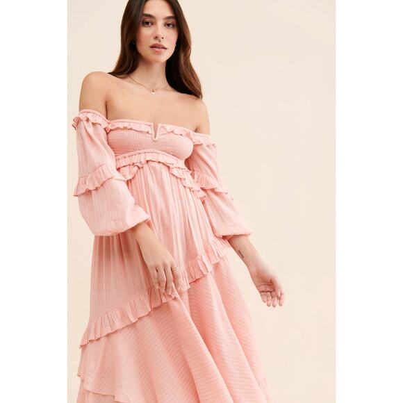 Free People x Spell Clementine Mermaid Maxi Dress $299 XS Pink SMOCKED Ruffled - Picture 4 of 8